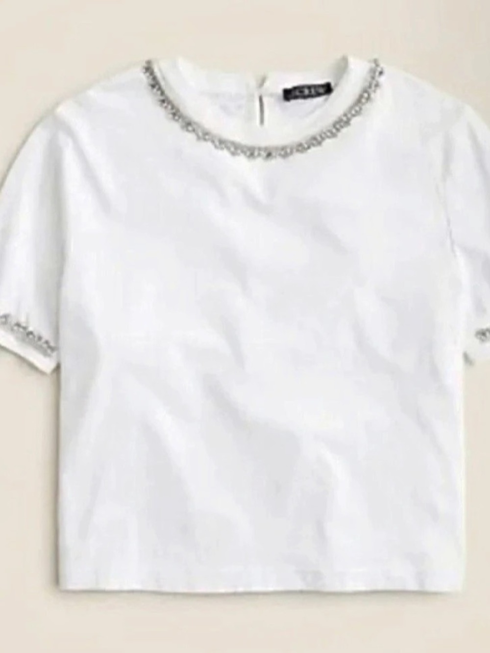 J.Crew Heavyweight Jewel Neck Crop T-Shirt Crystal Embellished White Sz L NEW